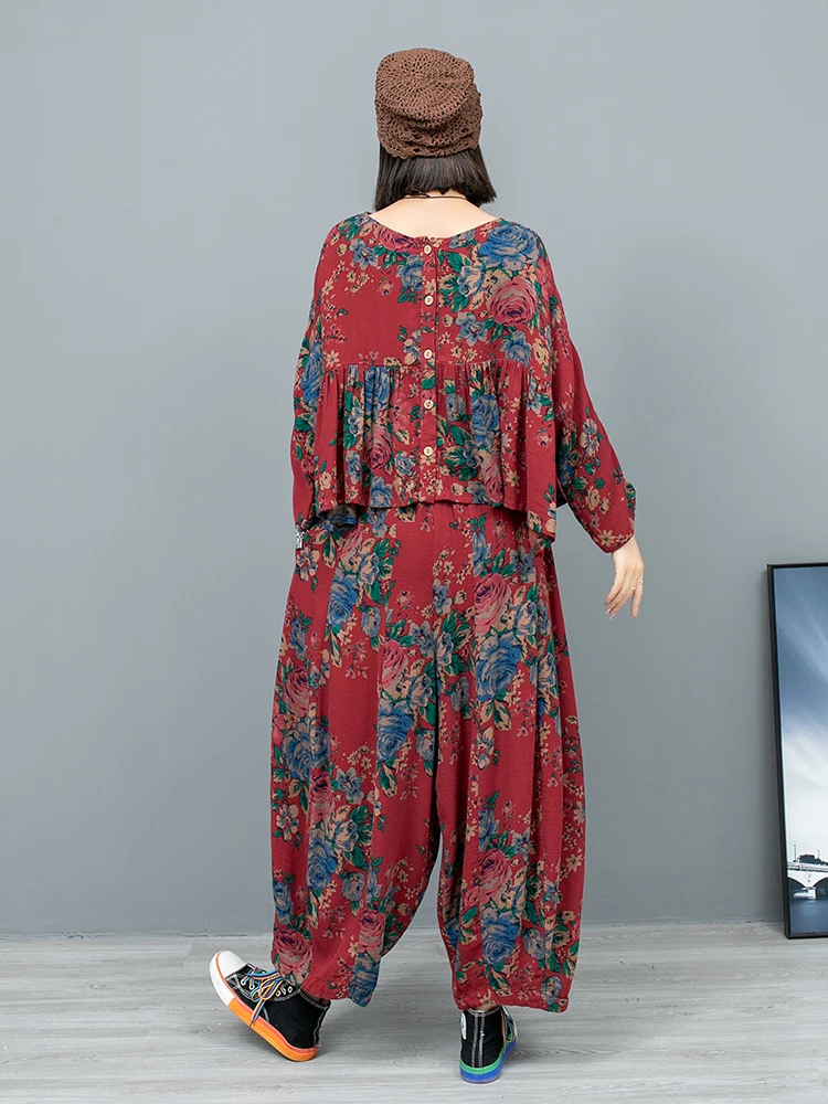 2024 Autumn New Northeastern Style Large Flower Loose Short Doll Shirt + Pumpkin Pants Two-piece Set Women LX2449