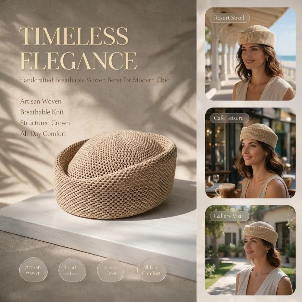 Fashion Breathable Mesh Beret Hat Solid Color Hollow Knitted Beanie Elegant Style Lightweight Casual Stewardess Cap Countryside