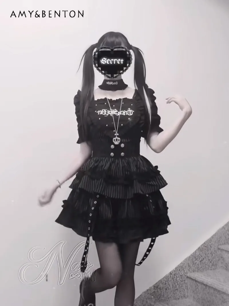 

Japanese Original Print Subculture Gothic Dark Slim Short Sleeve Dress Spring Summer Harajuku Style Ruffled Heart Mini Dress