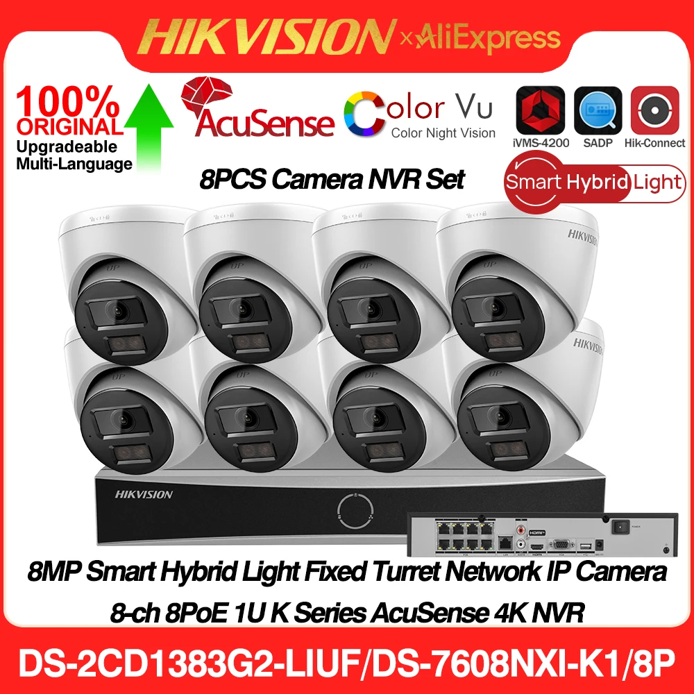 

8 шт. Hikvision DS-2CD1383G2-LIUF 4K 8MP умная гибридная сетевая IP-камера с фиксированной турелью AcuSense 8CH 8POE DS-7608NXI-K1/8P NVR
