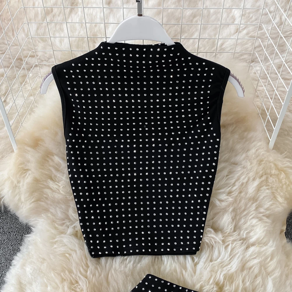 Elegant Black Diamond Studded 2piece Set Women's Spring Summer Sleeveless O-neck Short Top+Elastic Slim Fit Forked Long Skirt
