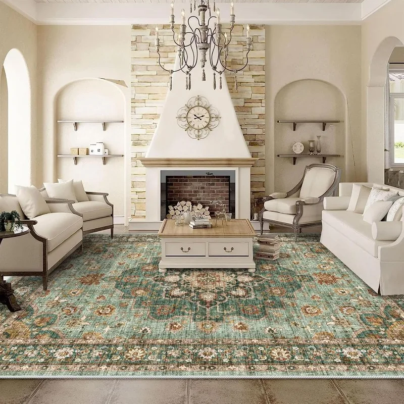 

Retro Living Room Carpet Nordic Style Floral Print Bedroom Rug Machine Washable Fashionable Light Luxury Coffee Table Mats Tapis