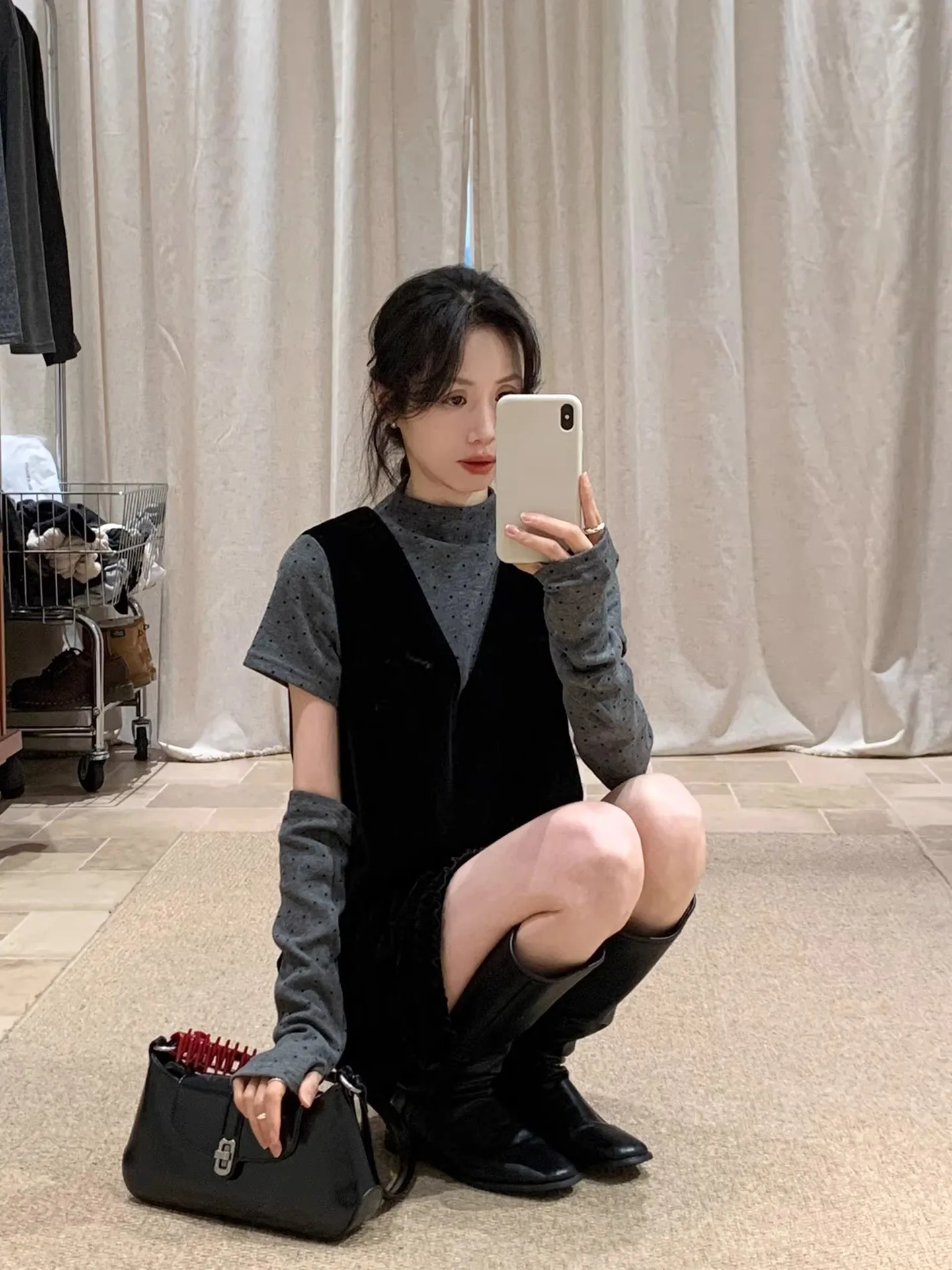 

BRIVIN Korean Sle Bla Velvet Dr Set Women's Spring 2026 New Double Wear Slimming Two-Piece Set High Collar Long Sve