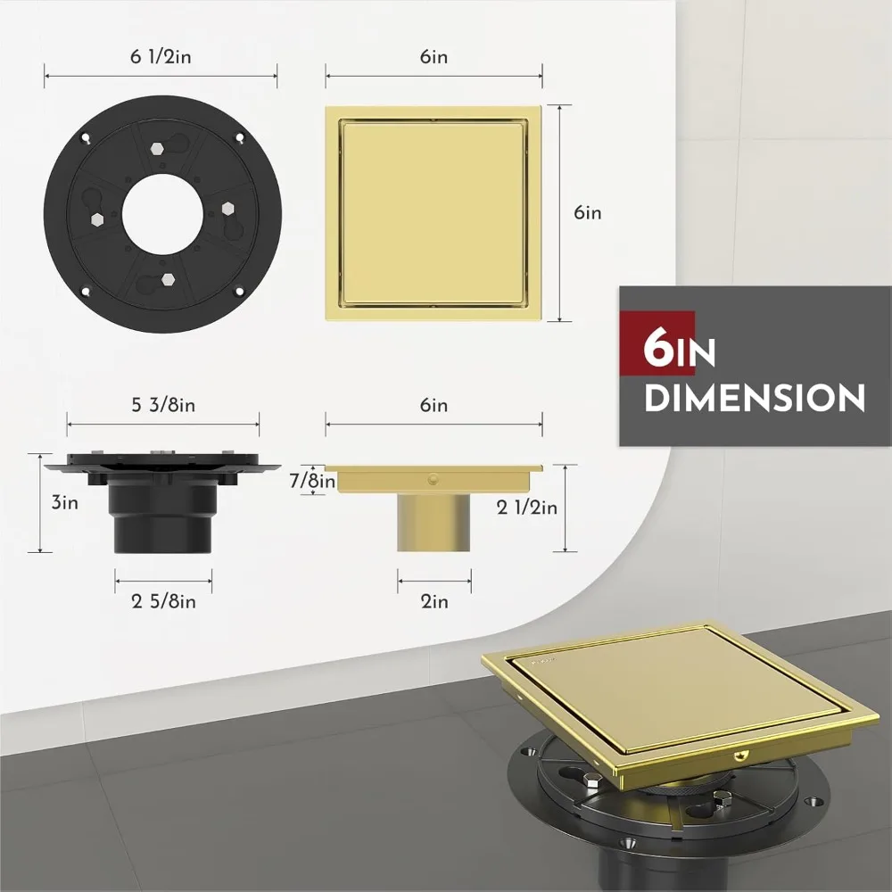 6 In Square Shower Drain Gold Floor Drain w/ Flange Reversible 2-in-1 Cover Tile Insert Grate Removable SUS304 Stainless Steel
