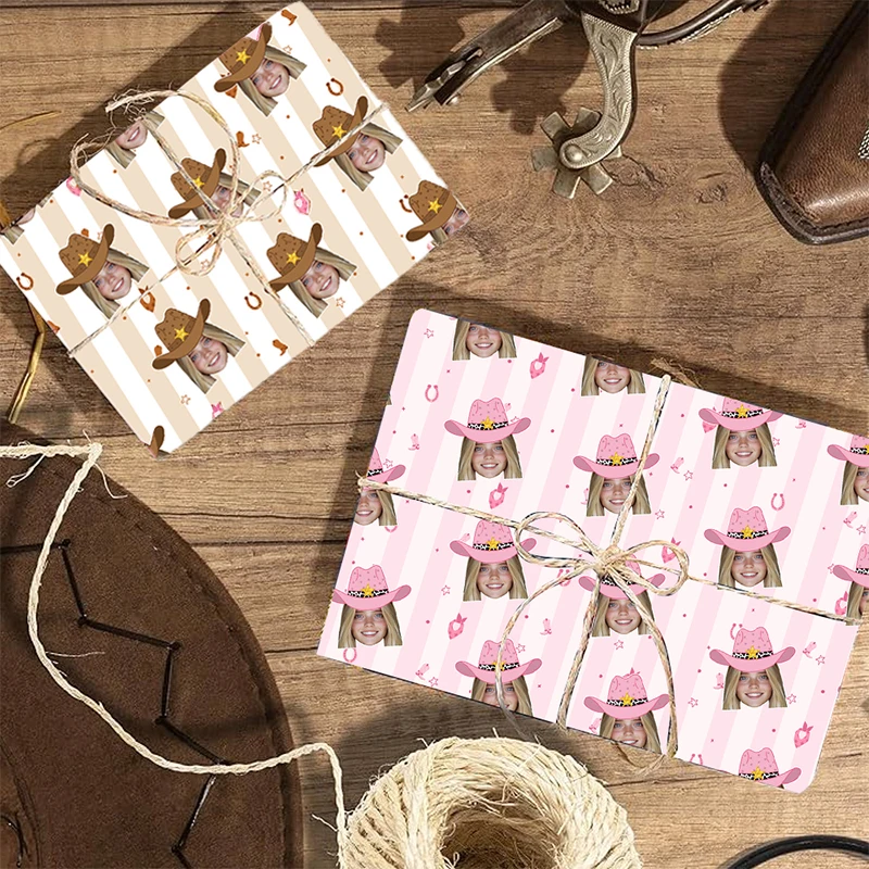3-Blatt individuell gestaltete rosa-braune Western-Cowgirl-Cowboy-Mottoparty mit Gesicht, Foto, Geschenkpapier, Geburtstagsparty-Dekorationen für Erwachsene