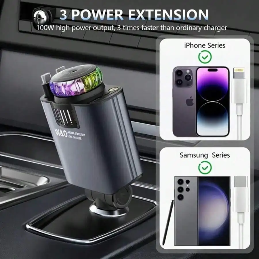 

4-In-1 Car Phone Charger With Retractable Cable And Humidifier, 100W Fast Charging For iPhone