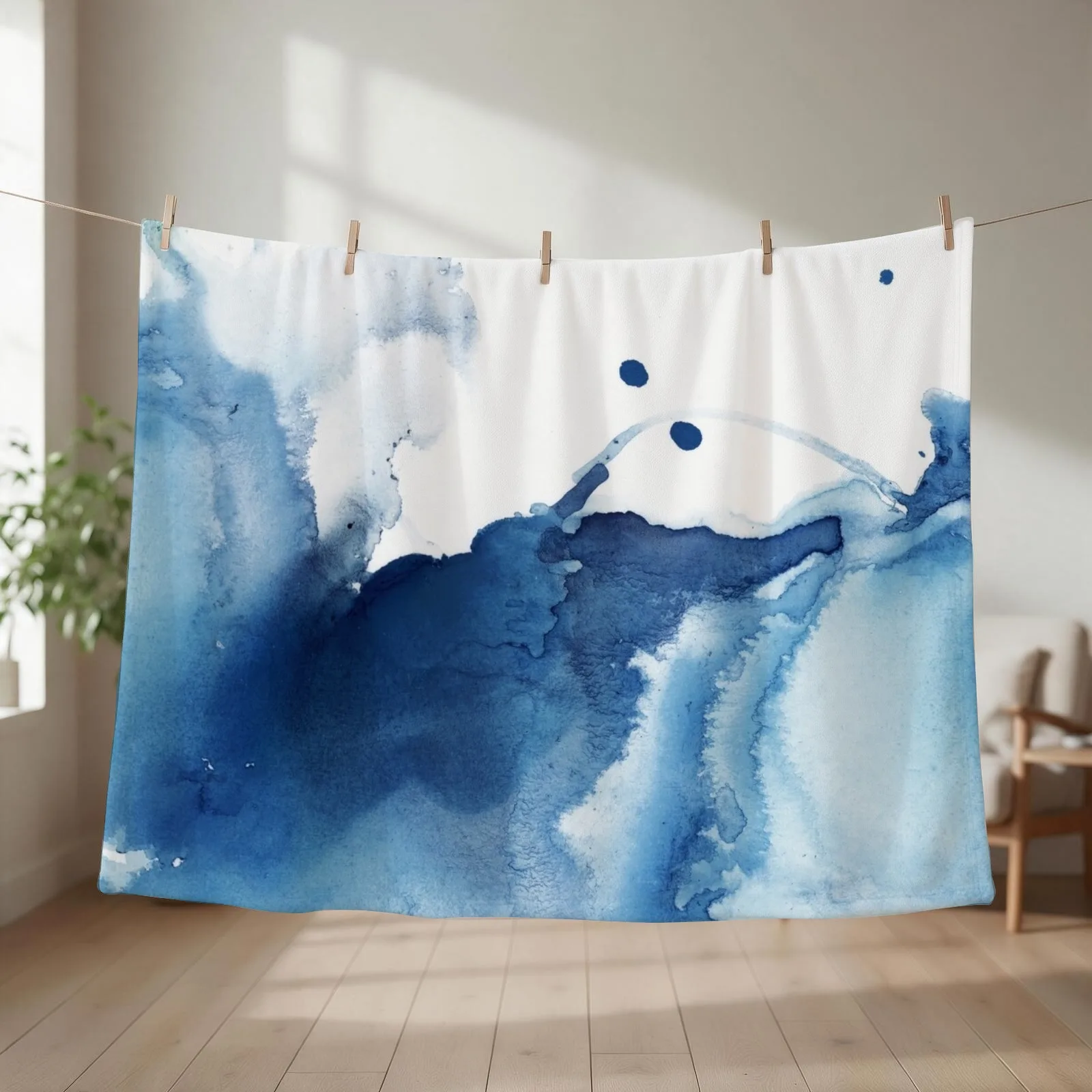 Indigo Blue Sea, Abstract Ink Painting Throw Blanket couch cozy soft plush fuzzy picnic outdoor blanket