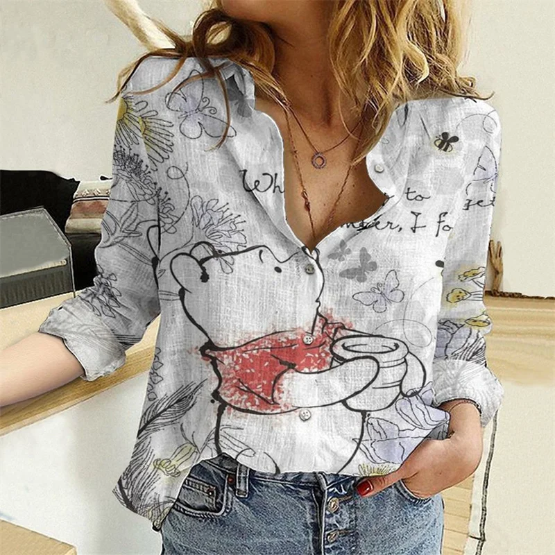 Disney New 2025 Winnie the Pooh Shirt 3D Printing Men and Women Button Lapel Tigger Casual Shirt Disney Women's Shirt