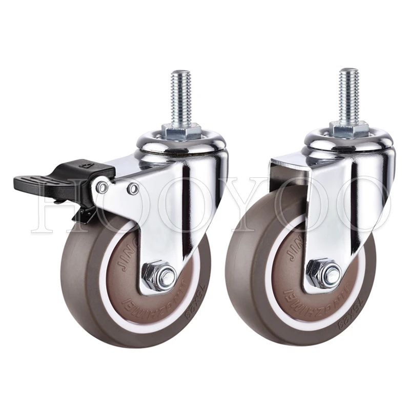 4 Inch Swivel Rubber Caster Durable Industrial M12x25mm Threaded Stem Locking Castors for Furniture Shelving Carts