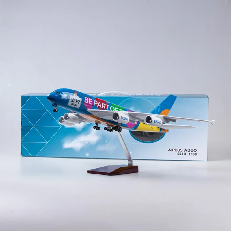 New 1/160 Scale Airplane Model 380 A380 UAE EXPO Ver Airline Aircraft Toy with Light & Wheel Landing Gears Plastic Resin Decor