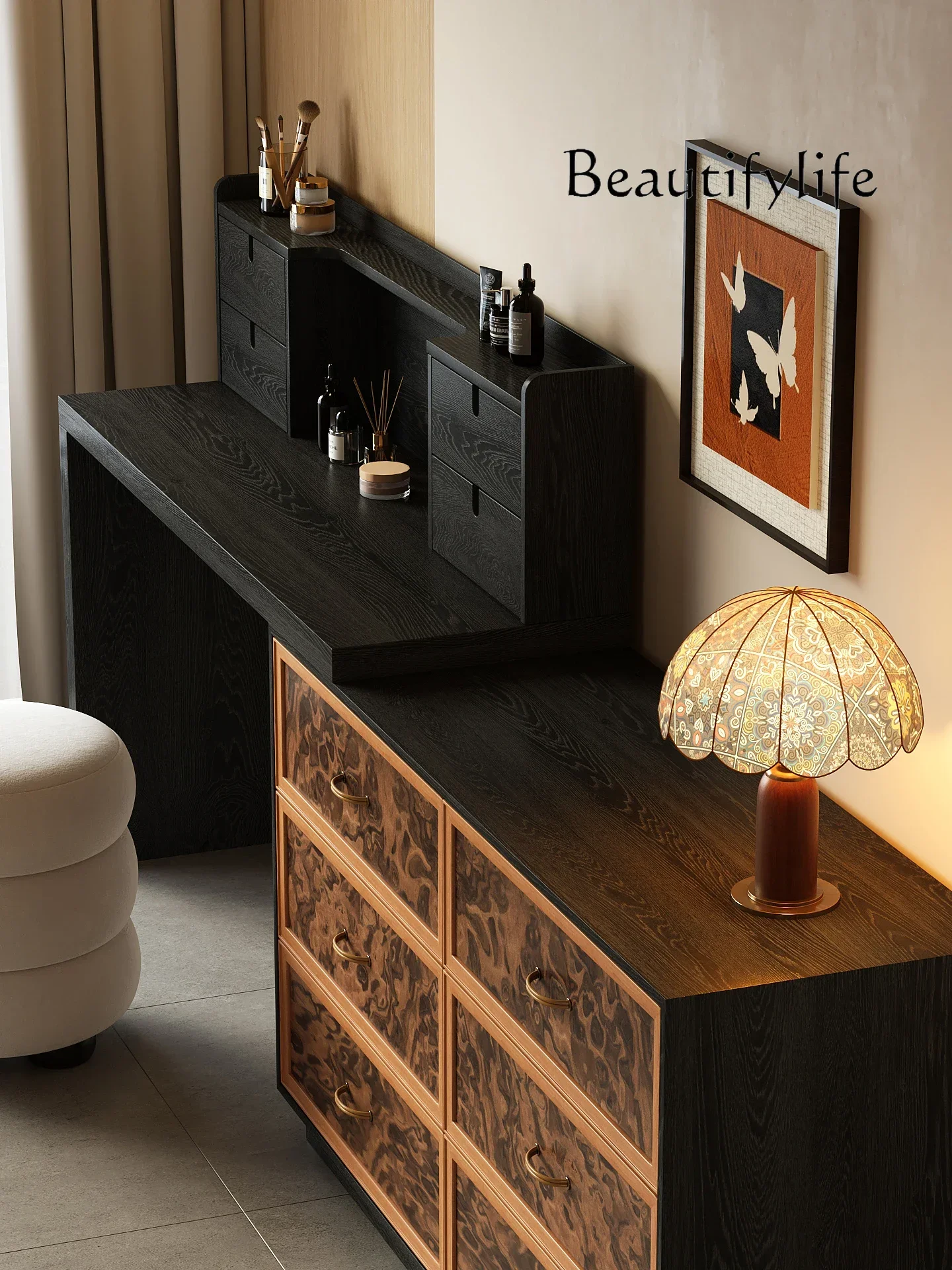 N19  Italian minimalist medieval style solid wood dresser chest integrated bedroom storage rack makeup table