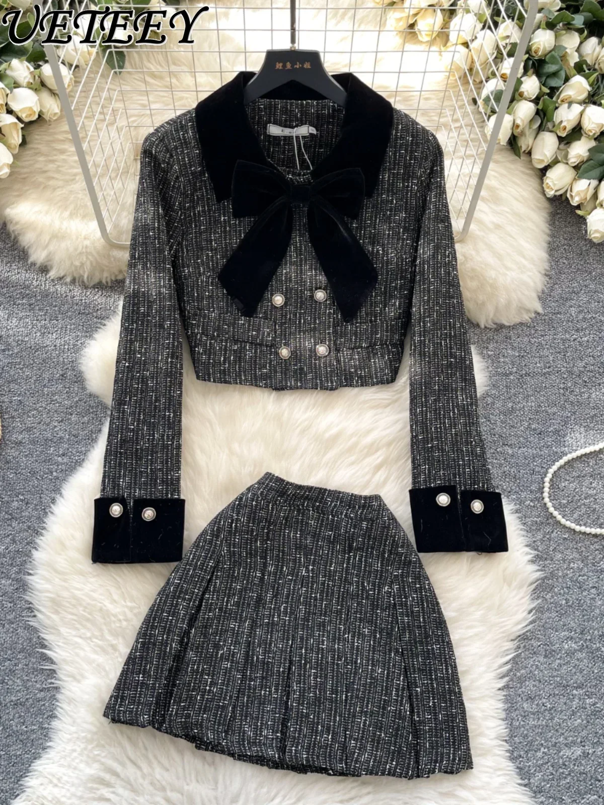 Autumn Winter High-end Retro Contrasting Color Bow Long-sleeved Tweed Jacket and High-waisted Pleated Short Skirt Two-piece Set