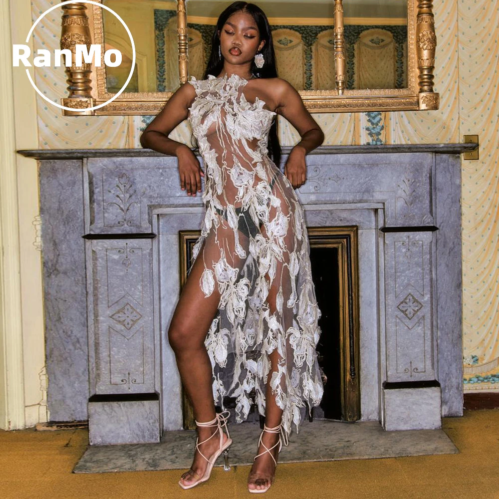 

Ranmo Sexy Embroidery Lace Wedding Party Dress Pleat luxury 2026 Ruffle Open Back High Slit Ankle-Length perspective Prom Gown