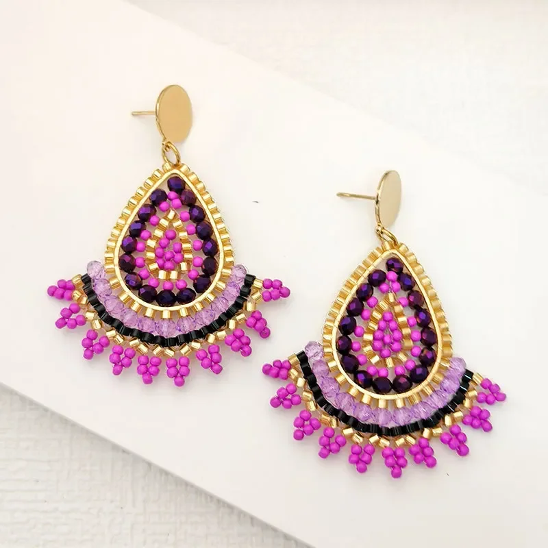 Bohemian Gradient Color Water Drop Crystal Beaded Earrings for Women Hand Woven Alloy Simple Trendy Versatile Rice Bead Jhumka