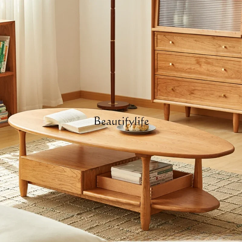 

Nordic solid wood coffee table, cherry wood living room, balcony, household tea table, simple and multi-functional with drawers