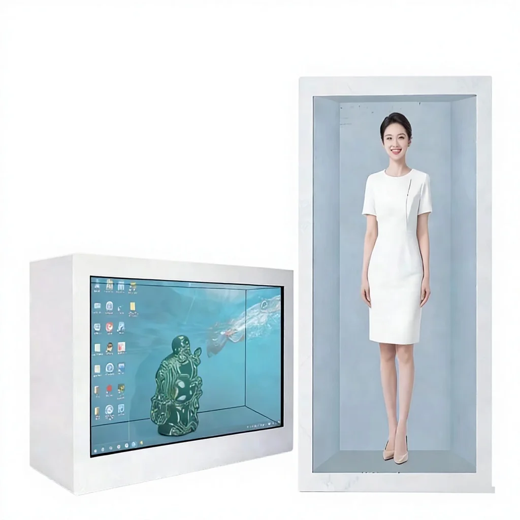 YINGTOUCH 85-Inch 3D Holographic Transparent Display Cabinet-White Business Series Touch Interactive Digital Human All-in-One