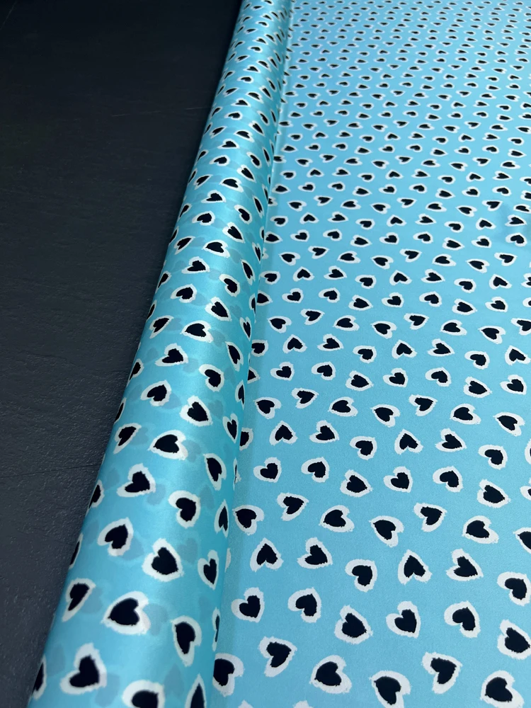 

Black Hearts Printed Blue Stretch Silk Twill Fabric for Dresses and Shirts Heart of The Ocean