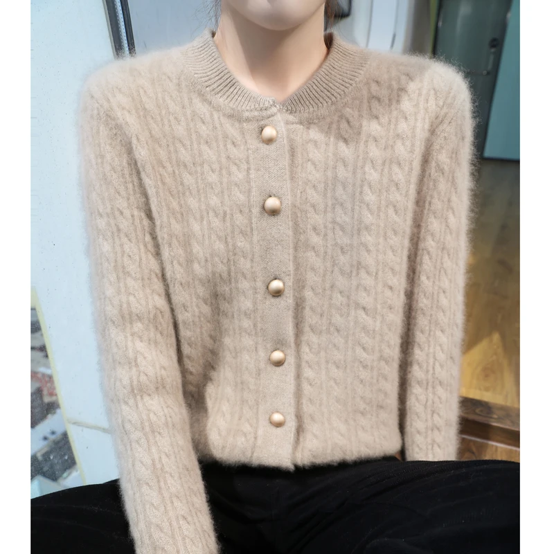 Autumn and winter new women\'s cardigan 100% Merino wool knitted cashmere sweater O-neck seven thick solid color loose coat.