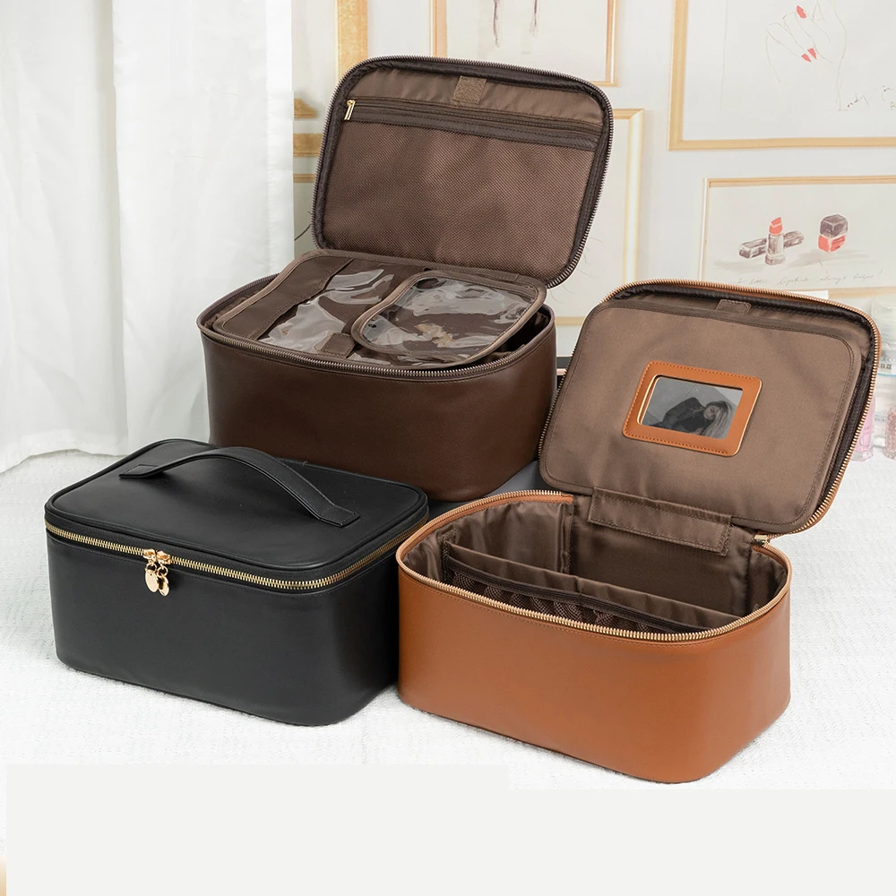 PU Waterproof Makeup Bag Large Capacity Ins Portable Simple Cosmetic Storage Box New Travel Handheld Makeup Handbags
