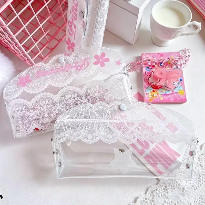 Y2K Retro White Lace Bow Print Clear Pencil Case Daily Study Transparent Stationery Bag Pen Case Multi Functional Makeup Bag