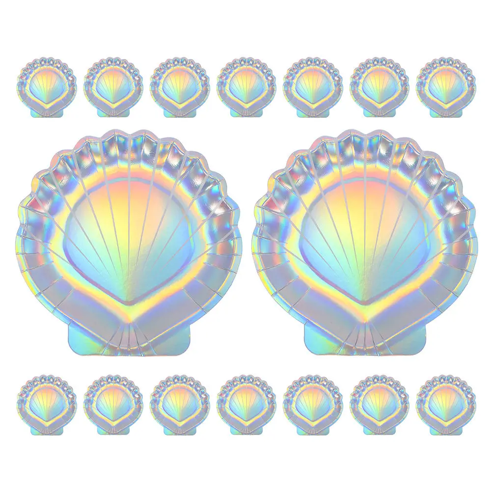 16Pcs Iridescent Mermaid Shell Disposable Paper Plates Festive Party Tableware for Dessert Cake Appetizer Serving Home Event Use