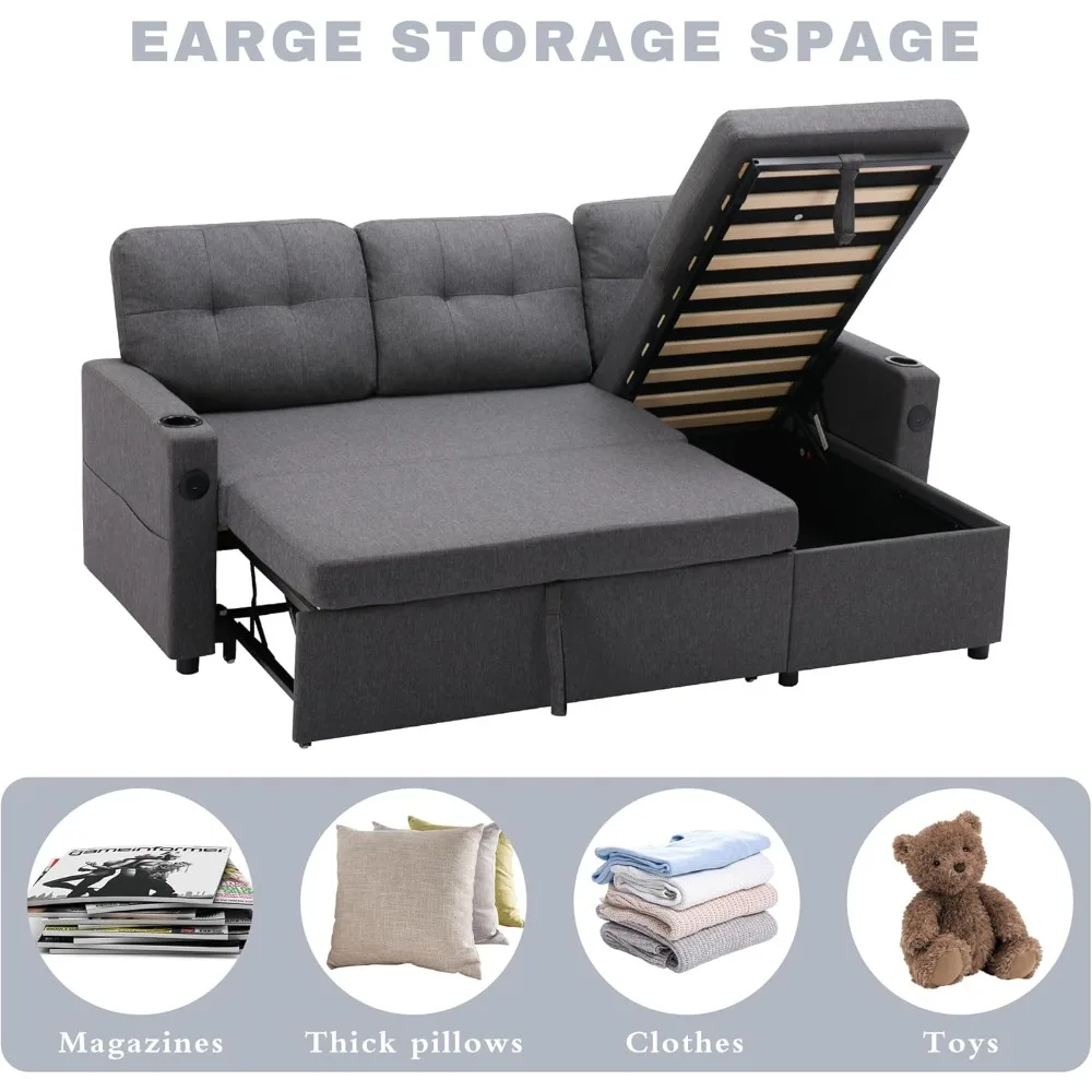 أريكة نوم حديثة على شكل حرف L مع سرير قابل للسحب، وأريكة منجدة، ومنفذ USB، وجيوب جانبية لراحة غرفة المعيشة