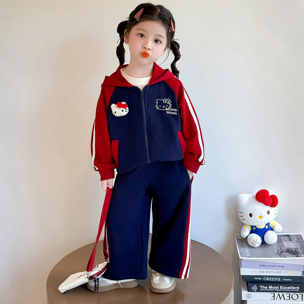 

2 шт. Sanrio Hello Kitty для девочек и мальчиков, весенне-осенний комплект одежды, куртка на молнии, спортивный костюм с героями мультфильмов в стиле аниме, модный повседневный комфорт Kawaii