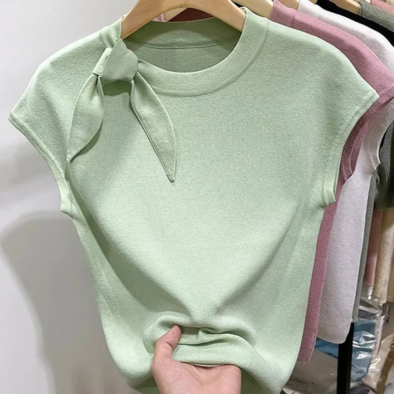 Summer Fashion Lacing Solid Color Short Sleeve Top Tee Ladies All-match Bow Knitting T-Shirts Women Clothes Simplicity Pullovers