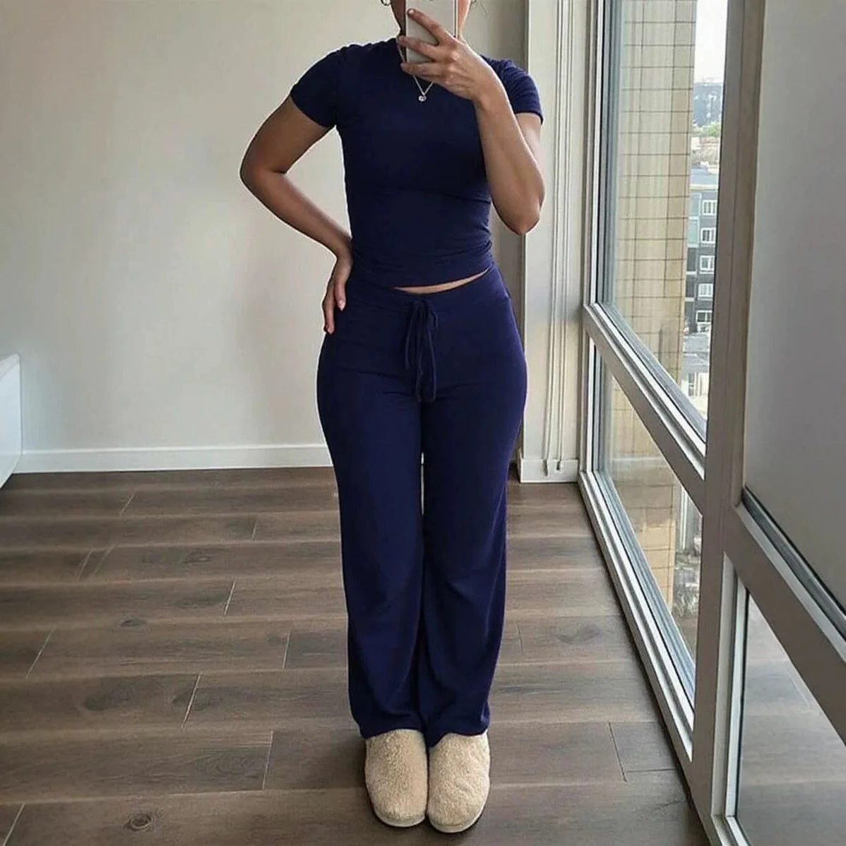 Europe, America, Women's Clothing, Solid Color Slim-fitting Short-sleeved Lace-up Trousers, Casual Sports Suit.