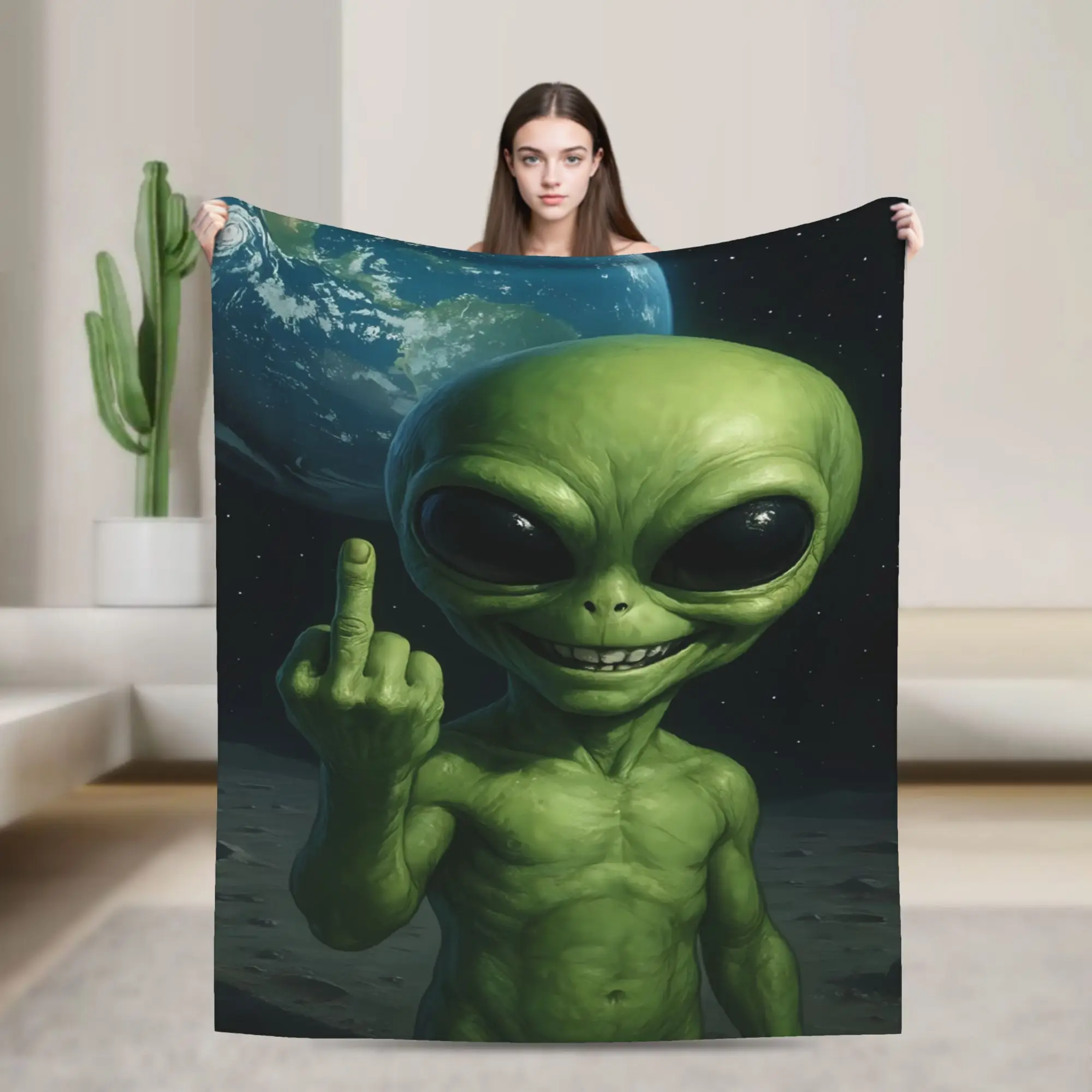 Green Alien Smiling Showing Middle Finger Planet Earth Space Cozy Blanket Throw Blanket Bedroom Flannel Bedspread Sofa Bed Cover