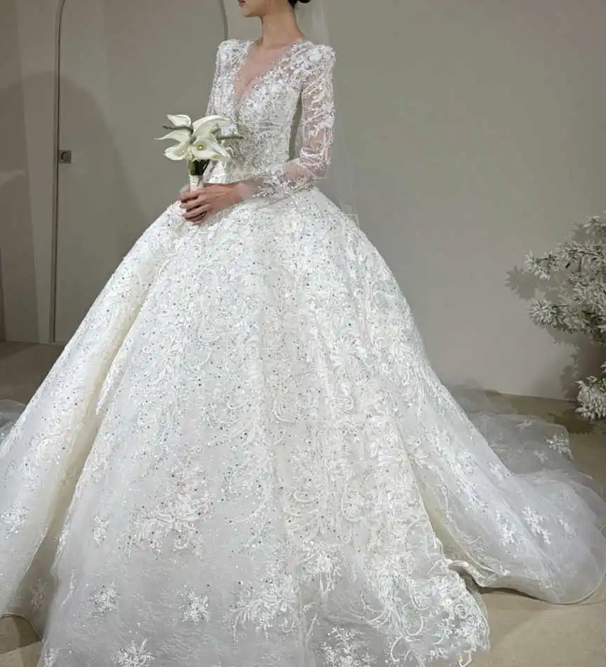 Luxus Ballkleid Brautkleider Applikationen Pailletten Volle Hülse Zipper Brautkleid Kathedrale Zug Vestido De Noiva Angepasst