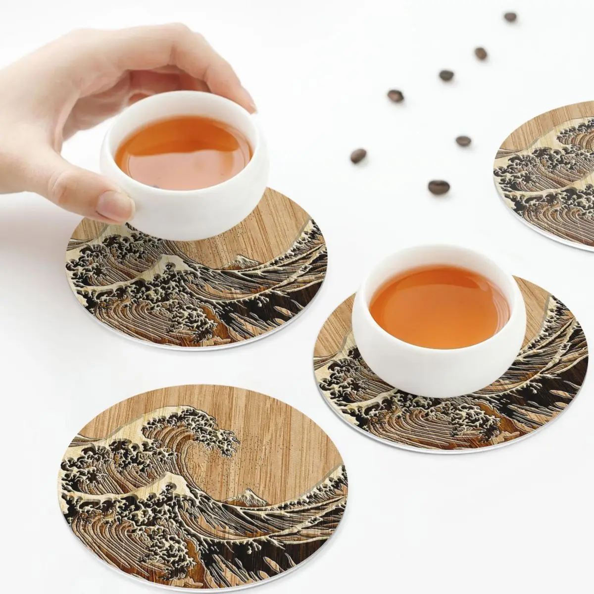 The Great Hokusai Wave In Bamboo Coasters Leather Placemats Non-slip Insulation Coffee Mats Kitchen Dining Pads Set of 4