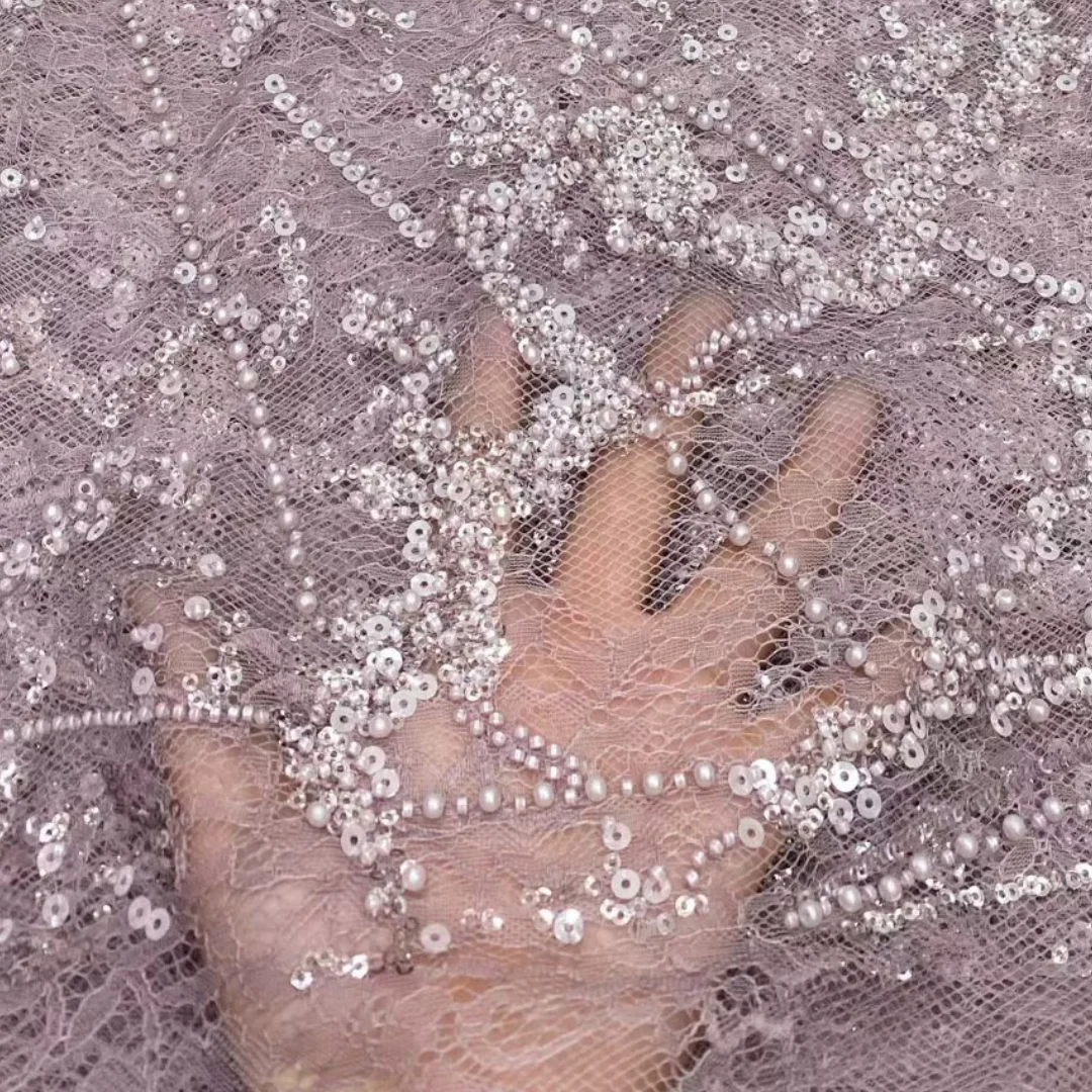 African French Tulle Sequins Lace Fabric High Quality Embroidered Net Lace 5 Yards For Wedding Party Evening Dress Sewing