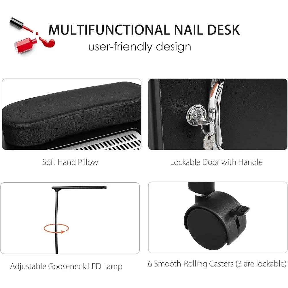 Giantex Nail Desk Manicure Table, Nail Table with Dust Collector, Wrist Rest, Bendable LED Lamp, 5 Drawers Cabinet with keys