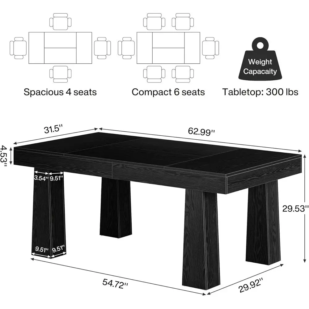 63-inch Heavy Duty Tapered Leg Dining Table, Ideal for Kitchen, Dining Room, Cafe, Restaurant - Easy Assembly, Black