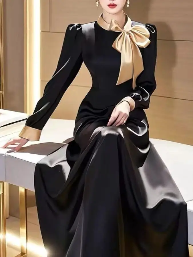 

Elegant Black Silk Satin Long Sleeve Dress with Bow Detail for Formal Occasions Women's plus Size Gown Standard Fit French Style