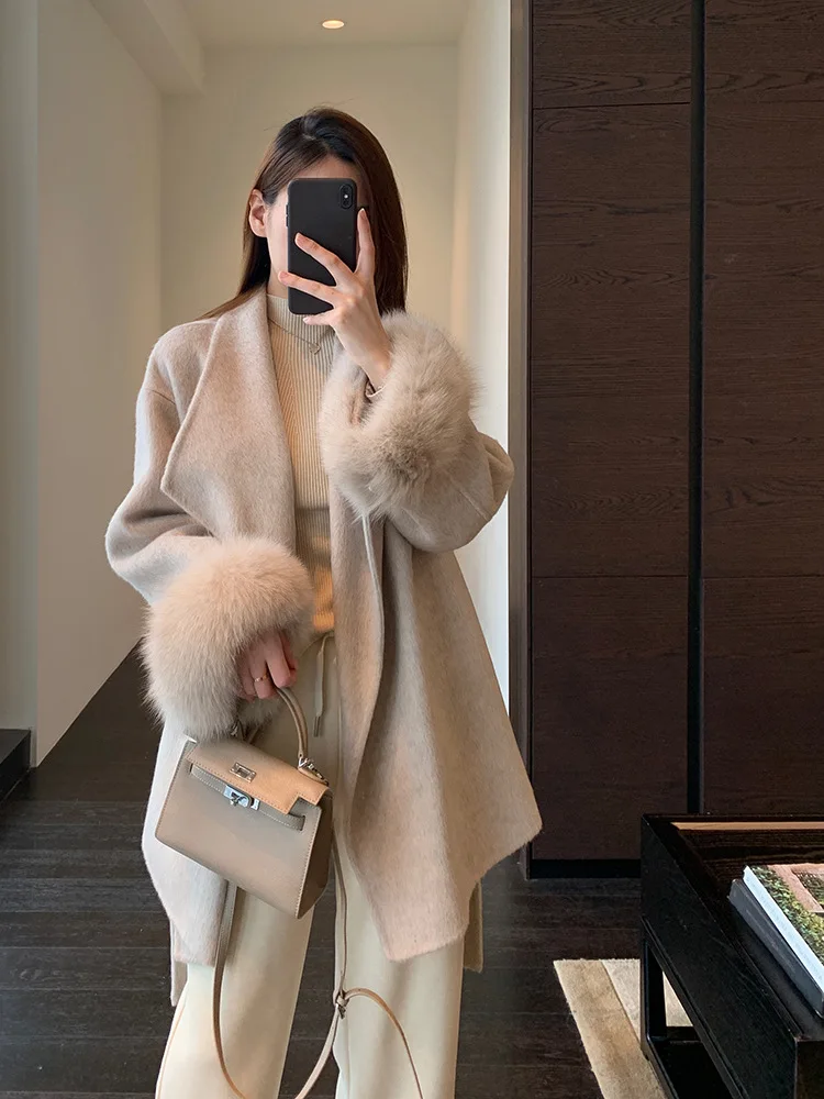 G102620~Fashionable Quality Luxury Fox Fur Cuff Design Lapel Woolen Coat Coat for Women Autumn and Winter New