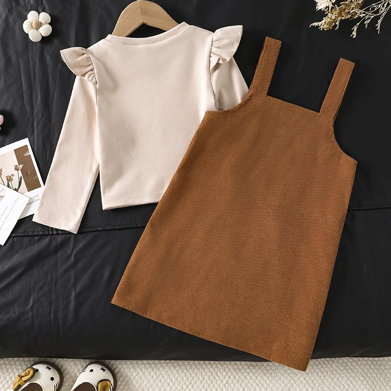 Little Girls Spring Casual Co-ord Set, Crew Neck Flutter Sleeve Tee And Fixed Strap Pocket Pinafore Skirt
