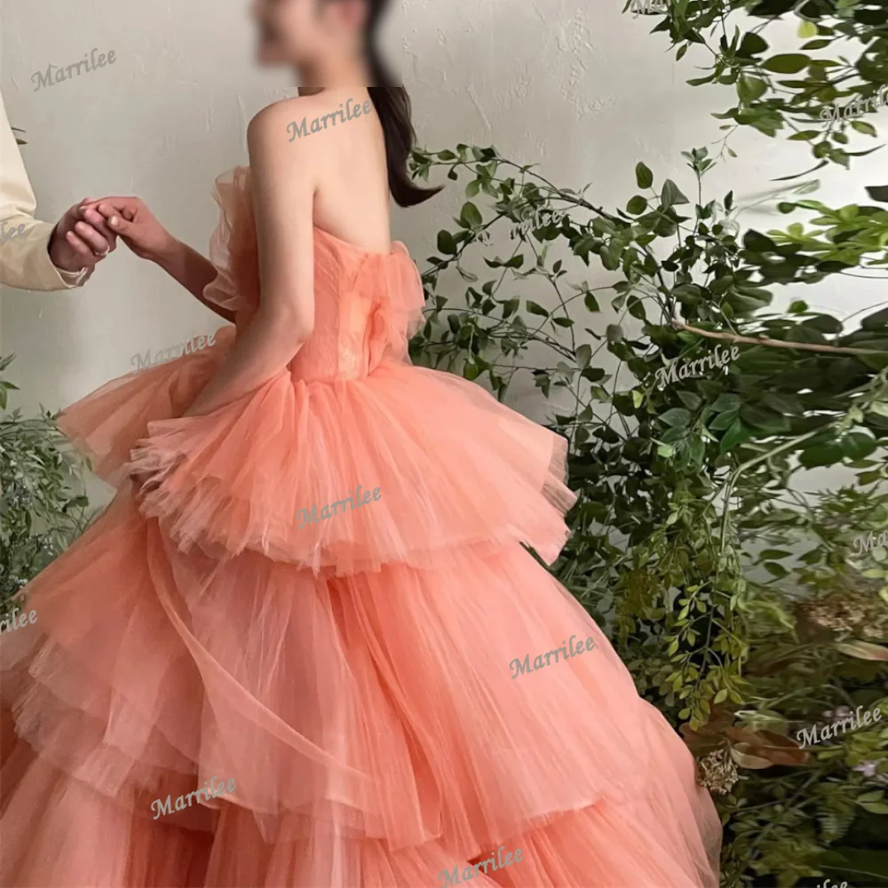 Marrilee  Pink Ruffles Tulle Evening Dresses Strapless Bride Dresses Sweep Train Elegant Bridal Party Gown Fairy Bride Dresses