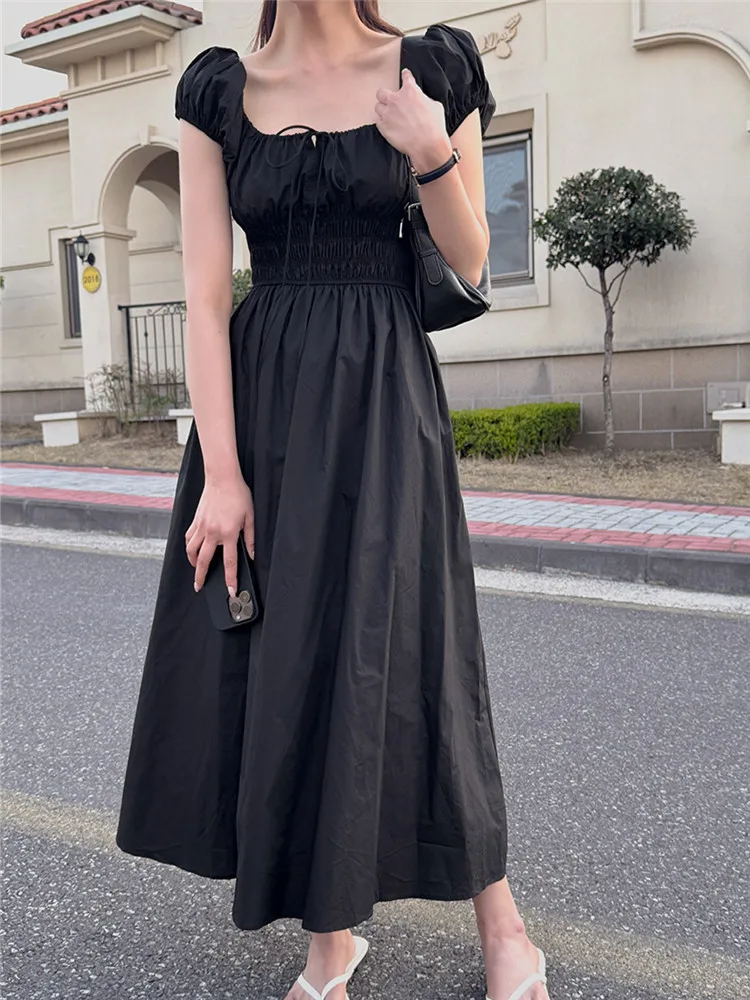 فستان صيفي على الطراز الكوري برقبة على شكل حرف U تنورة نسائية طويلة على شكل حرف a تنورة طويلة للتخسيس وأكمام فقاعية وخصر مربو...