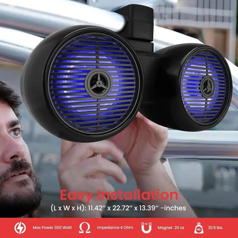 Doppi altoparlanti fuoristrada impermeabili - Sistema audio a torre per wakeboard marino a 2 vie da 6,5" 200 W con luce LED, gamma completa per esterni