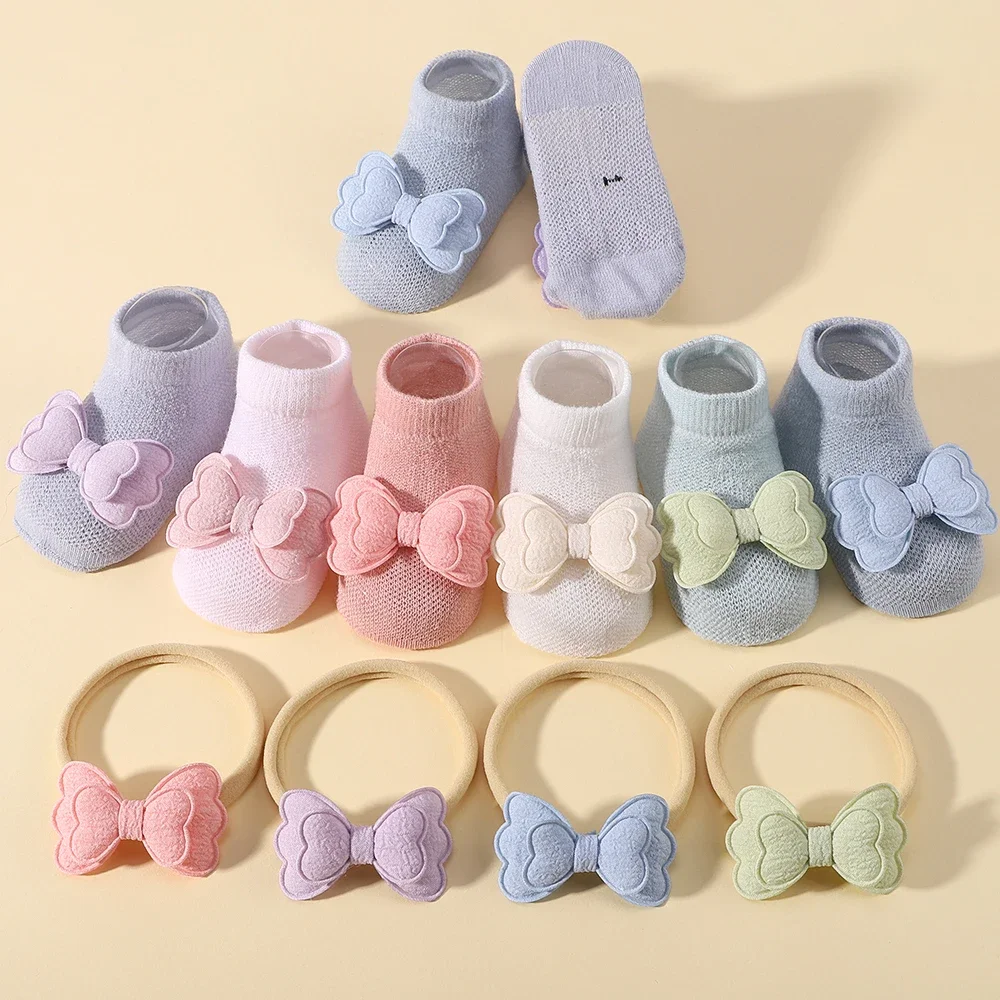 Kids Socks Headband Sets Candy Color Cotton Girls Breathable Socks Cute Bows for Children Baby Little Girl Clothing Accessories