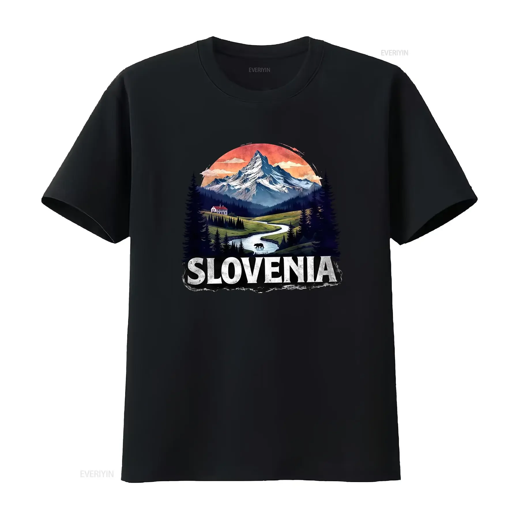 Camiseta Retro de Souvenir de Eslovenia con Diseño de Paisaje de Montaña, Río y Bosque para Amantes del Aire Libre, Estilo Vintage Lavado para Hombre