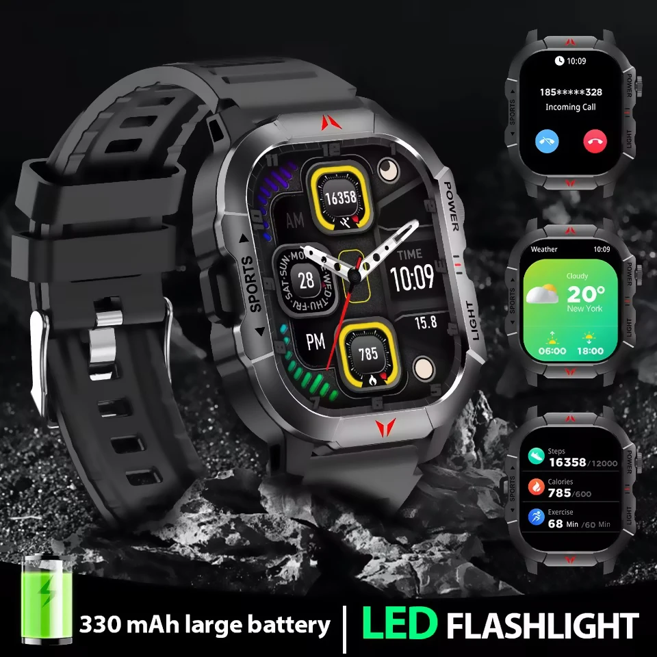 

New Outdoor Smart Watch Men Sports Watches LED Flashlight Heart Rate Bluetooth Call Health Monitoring IP68 Waterproof Smartwatch