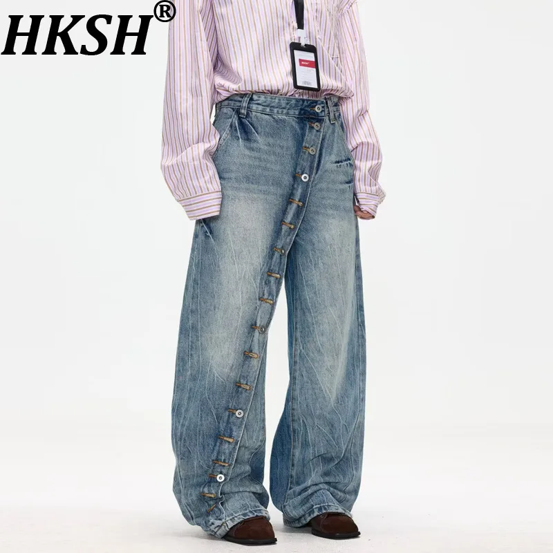 

HKSH Women Chic Jeans Niche Design Asymmetrical Buttoned Distressed Washed High Street Retro Tide Denim Pants New Spring HK20449
