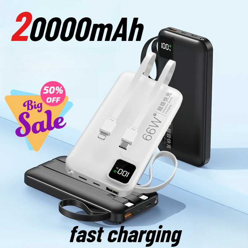 NEW 20000mAh 66W Portable Fast Charge External Battery High Capacity with Cable Power Bank for Iphone Xiaomi Backup Battery