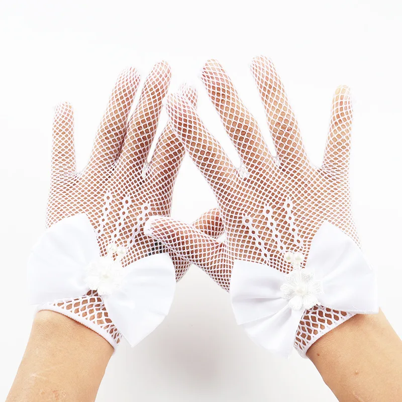 Flower Girl Gloves Wedding Lace Mesh Bow White Girls Princess Dress Short Child Stage Performance Light Soft Breathable Daily