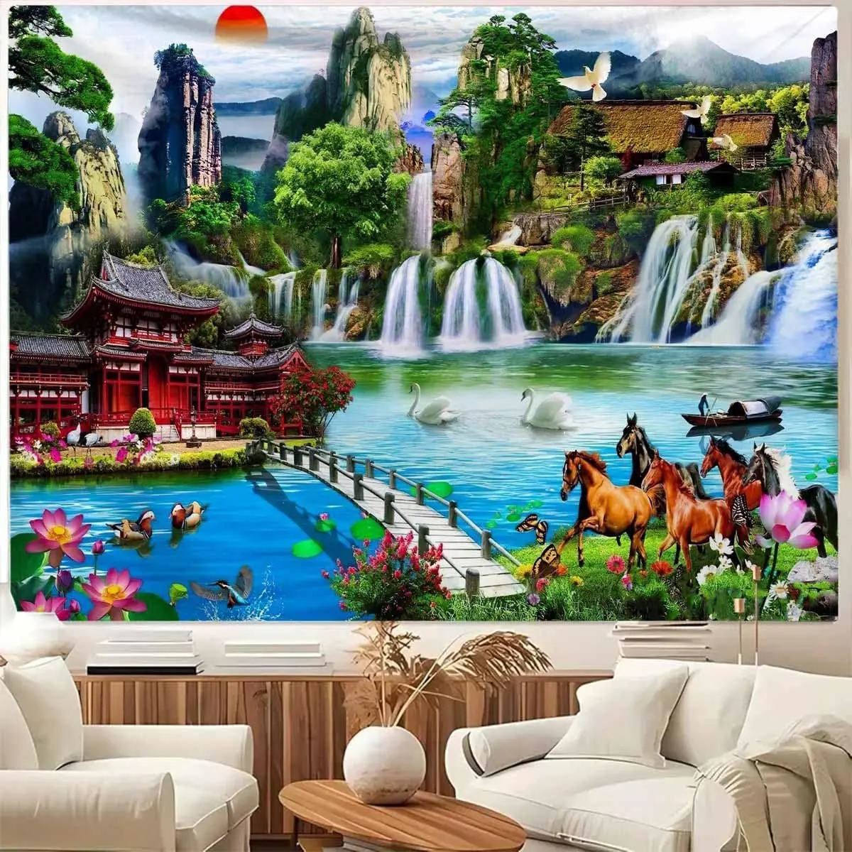 Nature Mountain Forest River Landscape Tapestries Wall Hanging,Asian Building On the Mountains Waterfall Scene Aesthetic