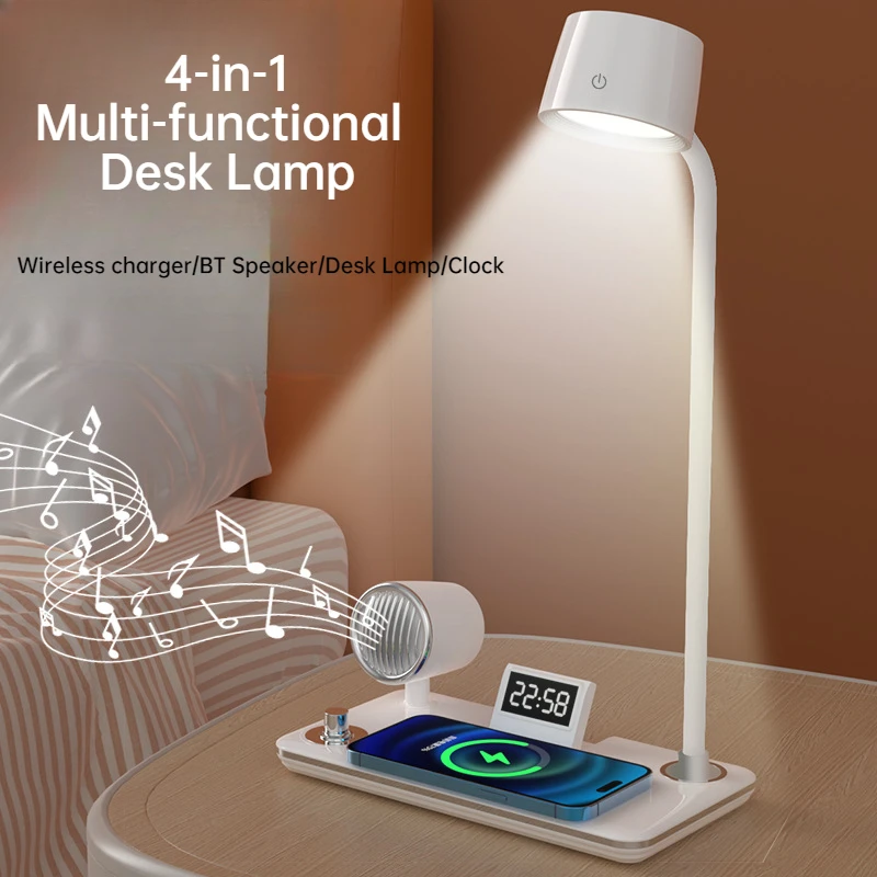 4-In-1 Multi-function Desk Lamp Digital Display Clock 3 Colors Dimmable Table Lamp Wireless Charging Music LED Night Light