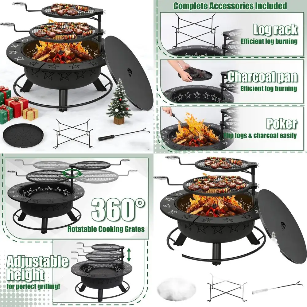 

Стол 3-в-1 для уличного костра — дровяной стол, барбекю, обеденный стол для патио с грилями, угольной кастрюлей, подставкой для бревен, покером и крышкой